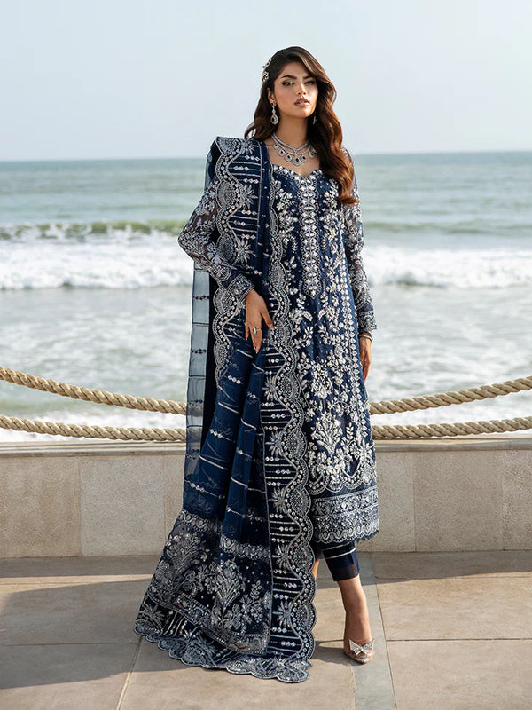 Asmarah – Ocean Navy Blue Embroidered Formal Net Suit (3-Piece Unstitched Set)
