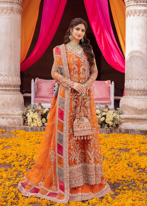 Mina – Orange Embroidered & Hand-Embellished Angharkha Style Unstitched (3-Piece Set)