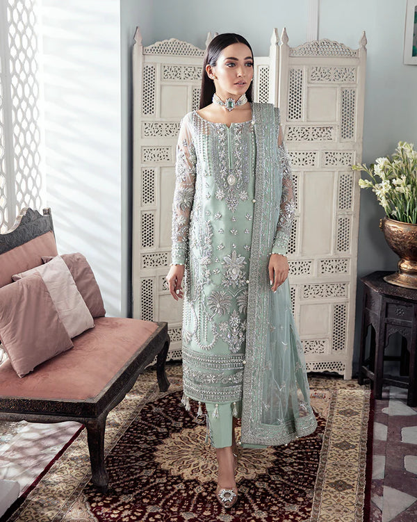 Raqs – Pista Green Embroidered Formal Net Suit (3-Piece Unstitched Set)