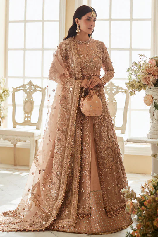 Saajan – Golden Brown Embroidered & Hand-Embellished Bridal Maxi (3-Piece Unstitched Set)