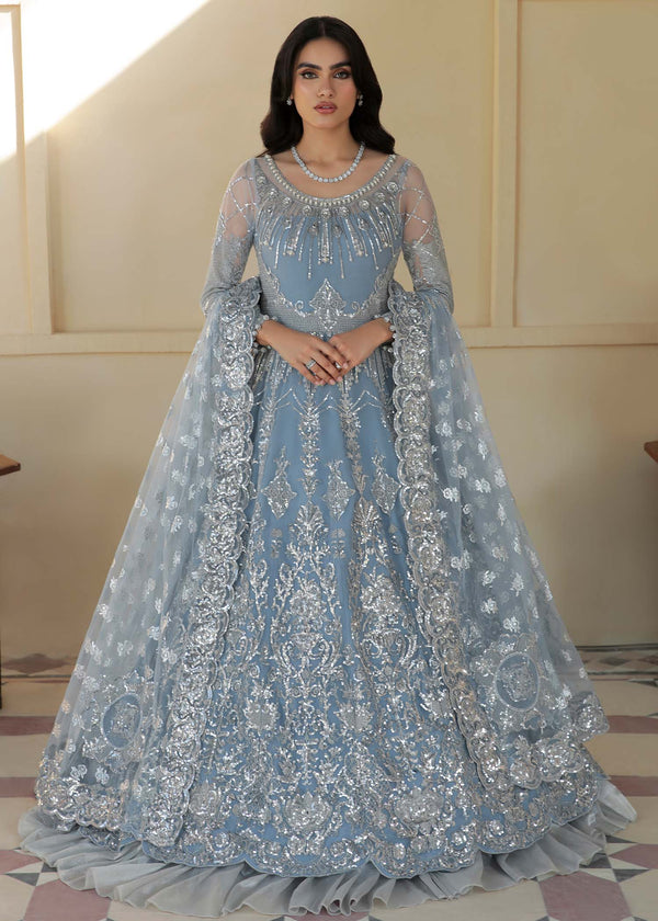 Chambeli – Sky Blue Embroidered & Hand-Embellished Net Maxi (3-Piece Set)