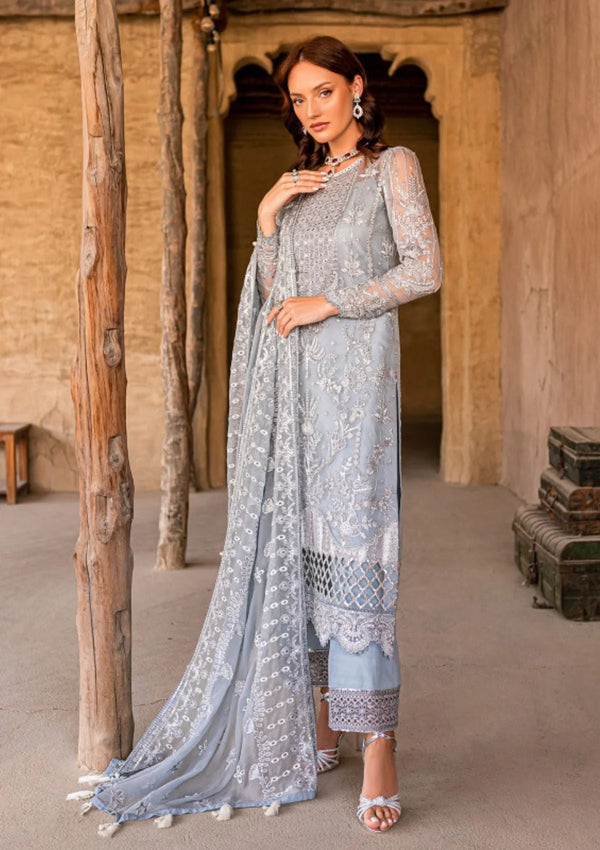 Miraal – Ice Grey Embroidered Formal Organza Suit (3-Piece Unstitched Set)