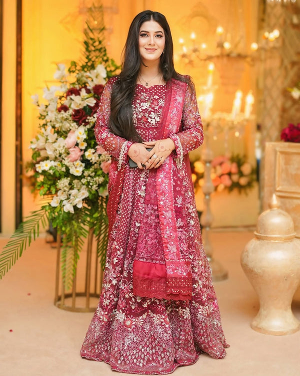Title: Anarkali – Pomegranate Red Embroidered & Hand-Embellished Bridal Maxi (3- Piece Unstitched Set)